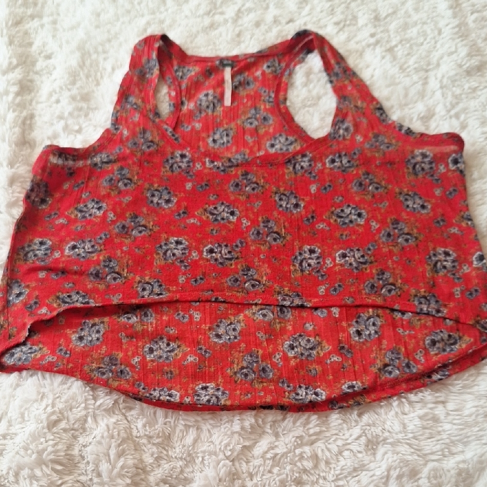 Free People Red Floral Sleeveless Deep Scoop Neck Crop Tank Top Size SP